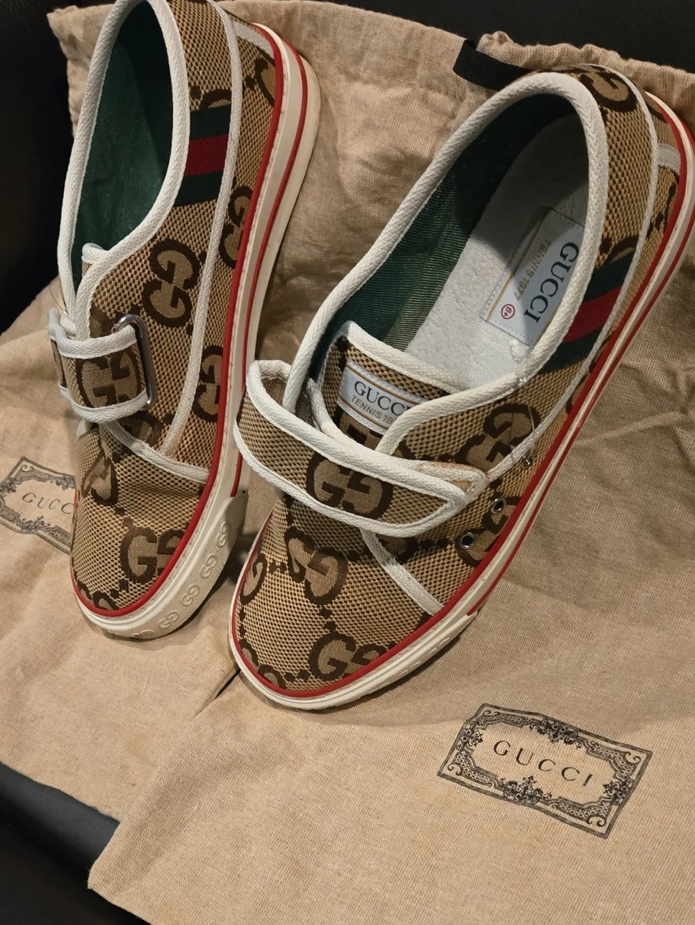Gucci Tennis 1977 Velcro Sneakers in Jumbo GG monogram canvas.
